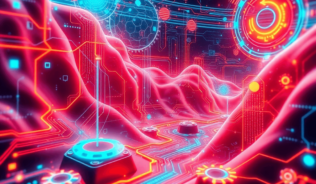 A vibrant digital landscape featuring abstract representations of neural networks, gears, and circuit patterns, all conveying themes of artificial intelligence and technological advancement.